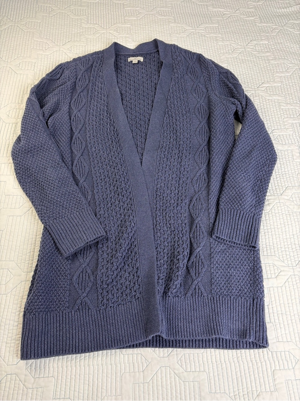 LL Bean Signature Womens Open Duster Cardigan Sz S Cable Knit Cotton Coastal
